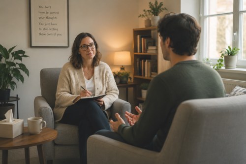 Therapist and client in conversation during an anxiety counselling session.