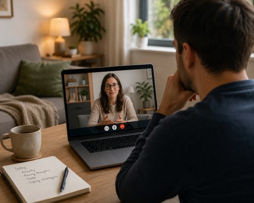 Anxiety Therapy in Hackney, E8 3 Person attending an online anxiety therapy session on a laptop at home.