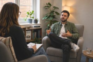 Adult talking to a neurodiversity-affirming ADHD therapist in Hackney