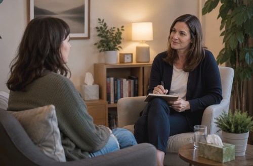 Therapist and client talking in a calm, confidential counselling session