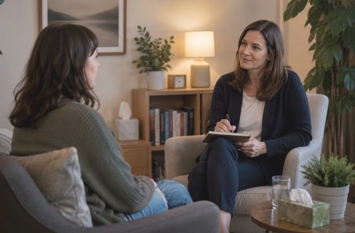 A therapist and client in conversation during a one-to-one psychotherapy session